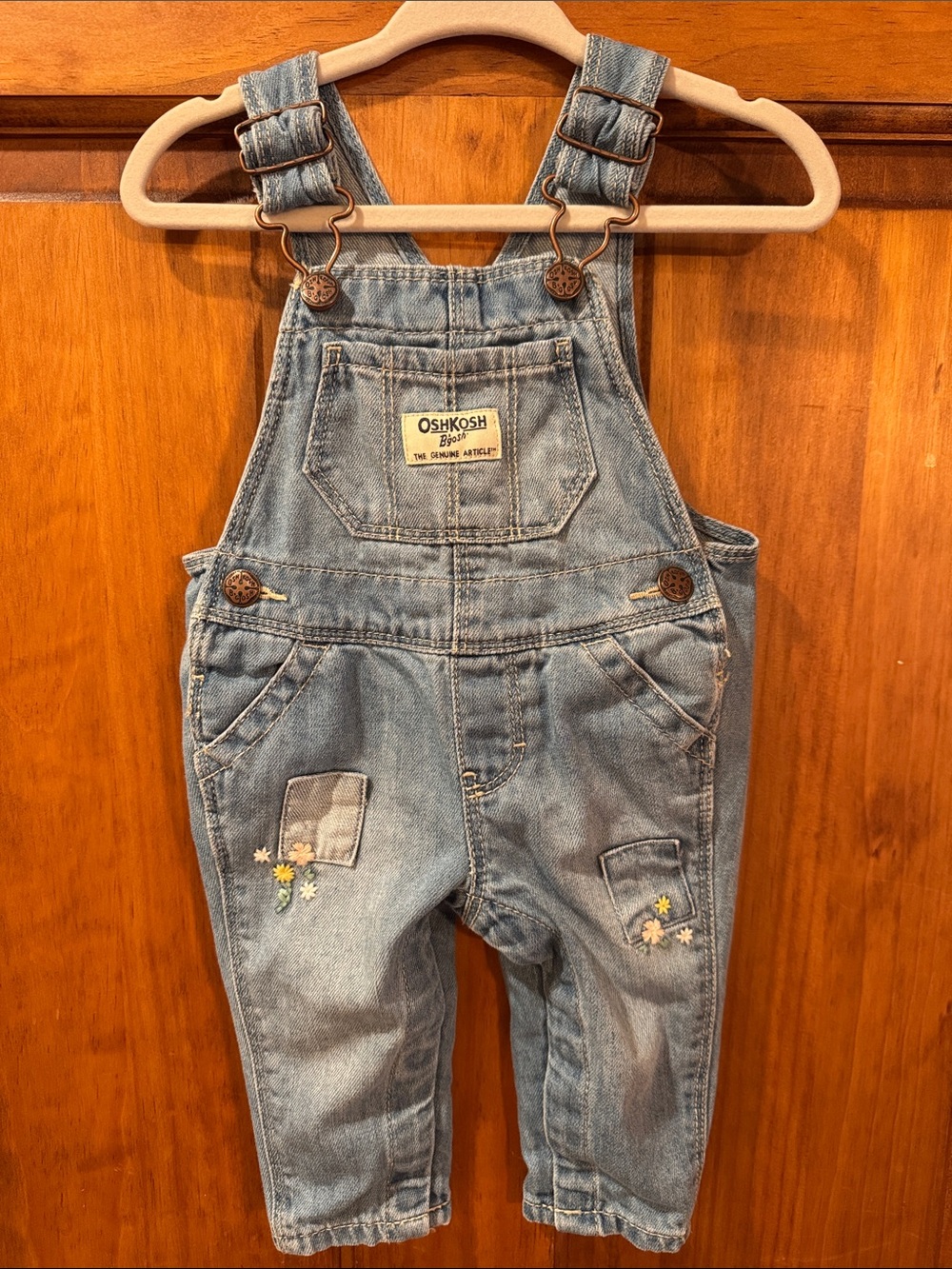 NWOT OshKosh Light Denim Floral Embroidered Baby Girl Overalls